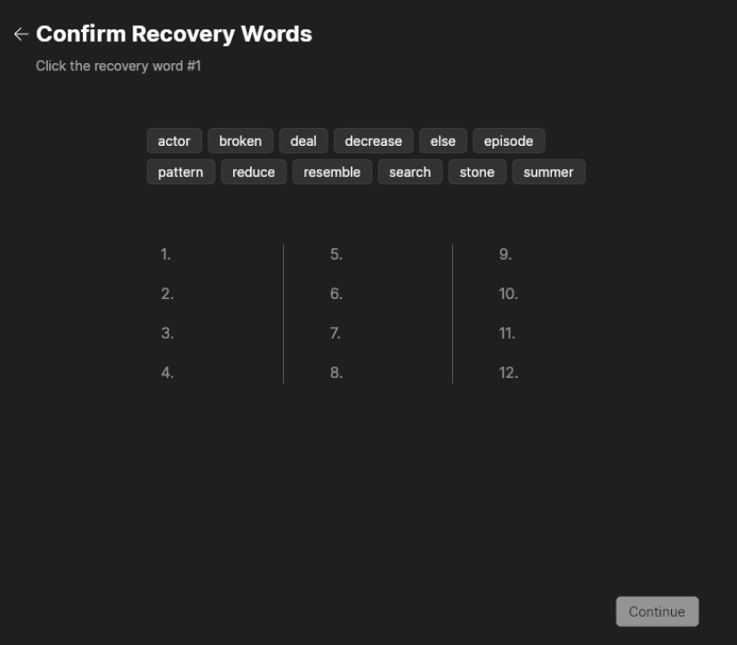 Wasabi Wallet confirm recovery words