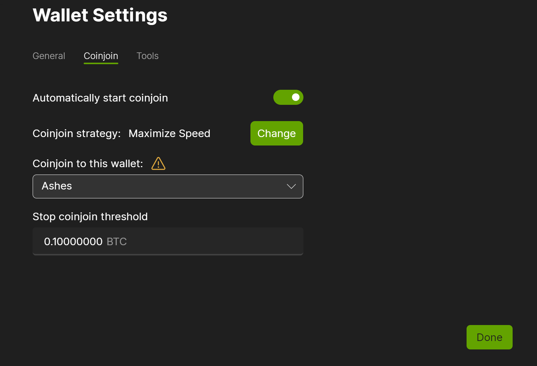 Wasabi Wallet Coinjoin Settings