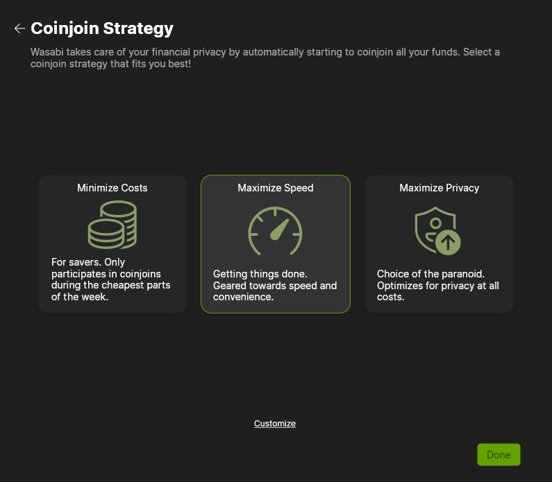 Wasabi Wallet coinjoin strategies