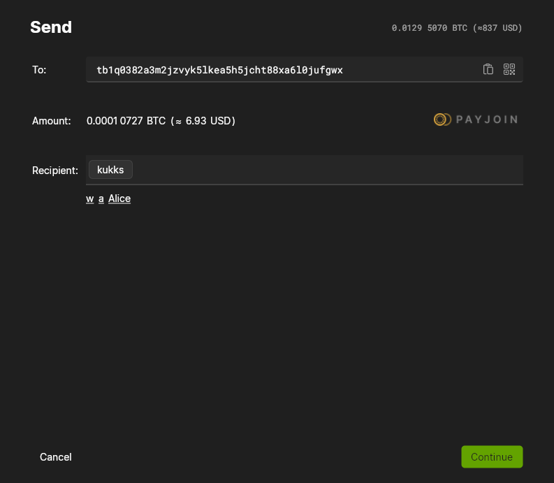 Send Bitcoin PayJoin transaction in Wasabi Wallet