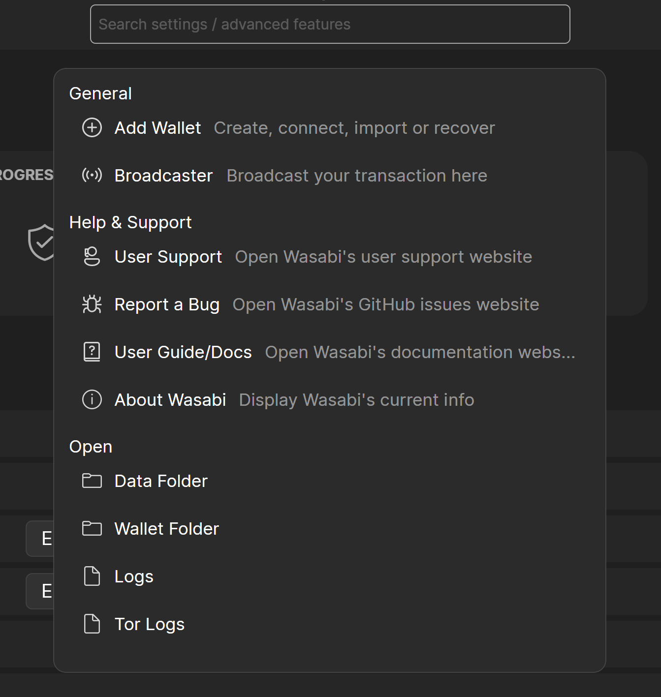 Wasabi Wallet SearchBar Help&Support and Open